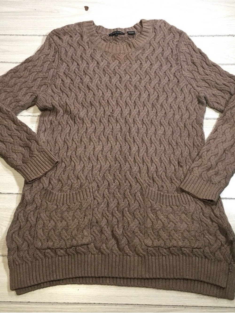 Janne Pierre Women's Brown Cable Knit Long Sleeve Sweater Size L 100% Cotton